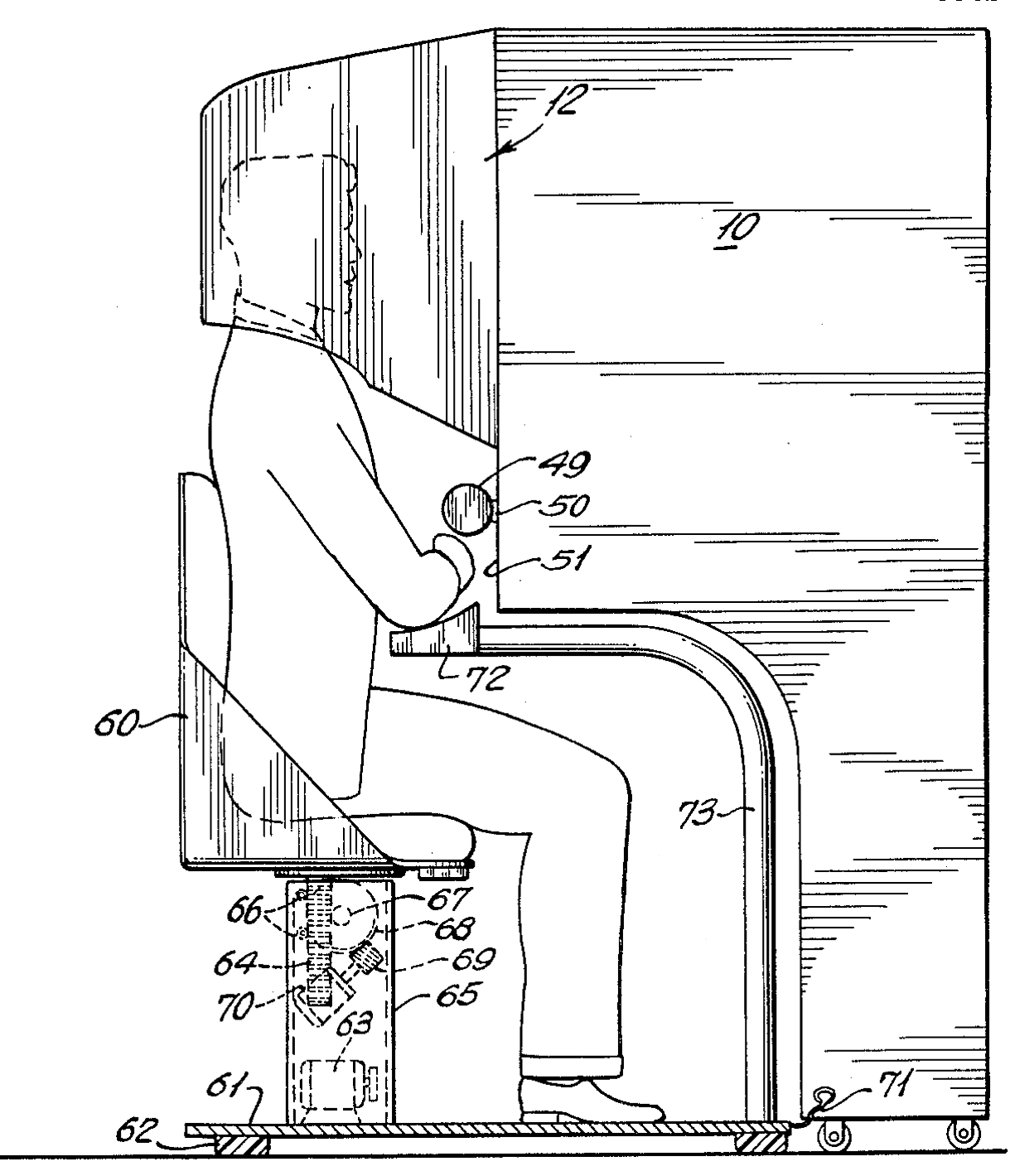 Figure 5 of Morton Heilig's Sensorama patent: a seated user with their head inside an enclosed viewing hood.