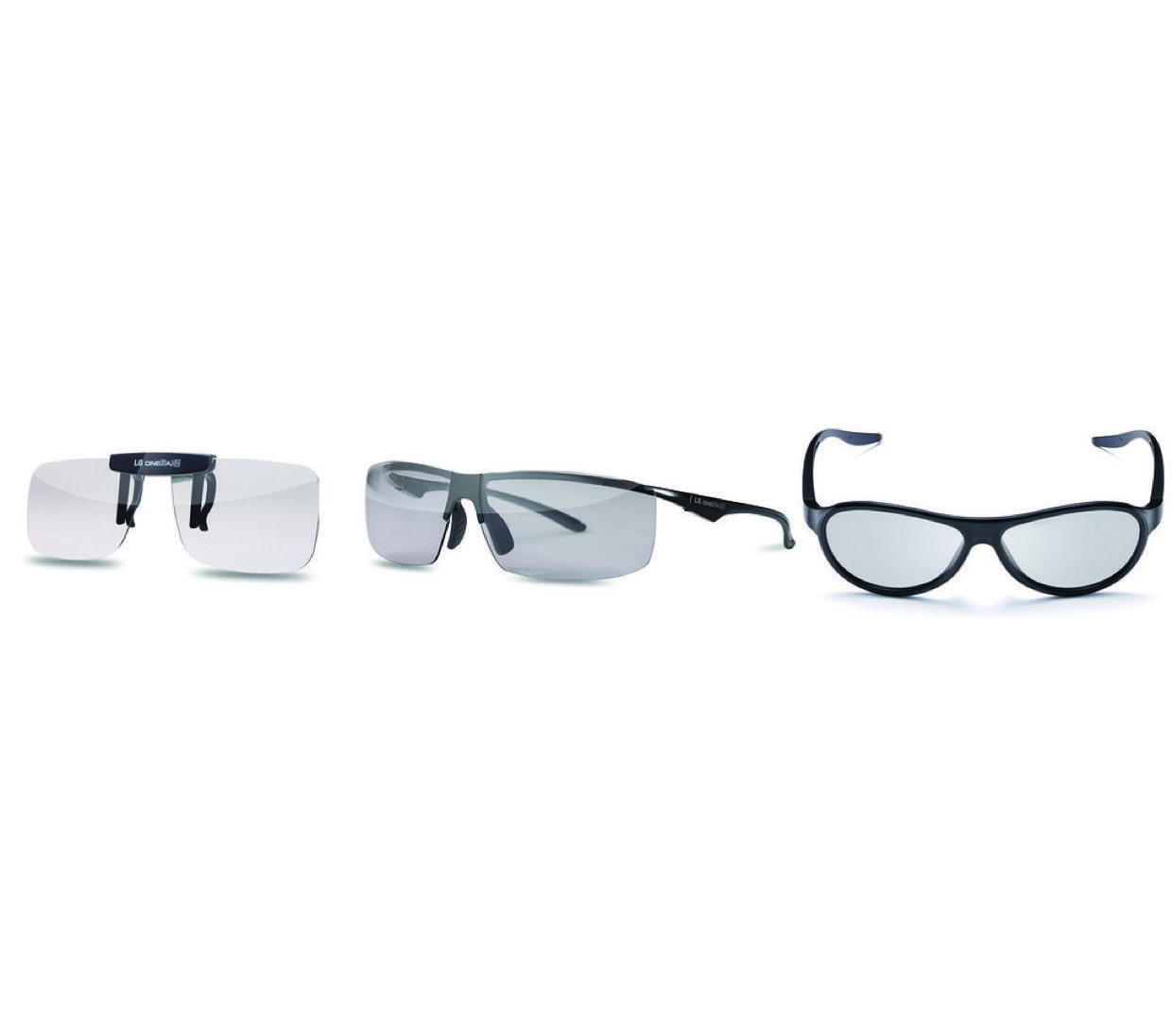 Three models of LG passive 3D glasses laid out on white: a clip-on, a rimless pair and a wraparound pair.
