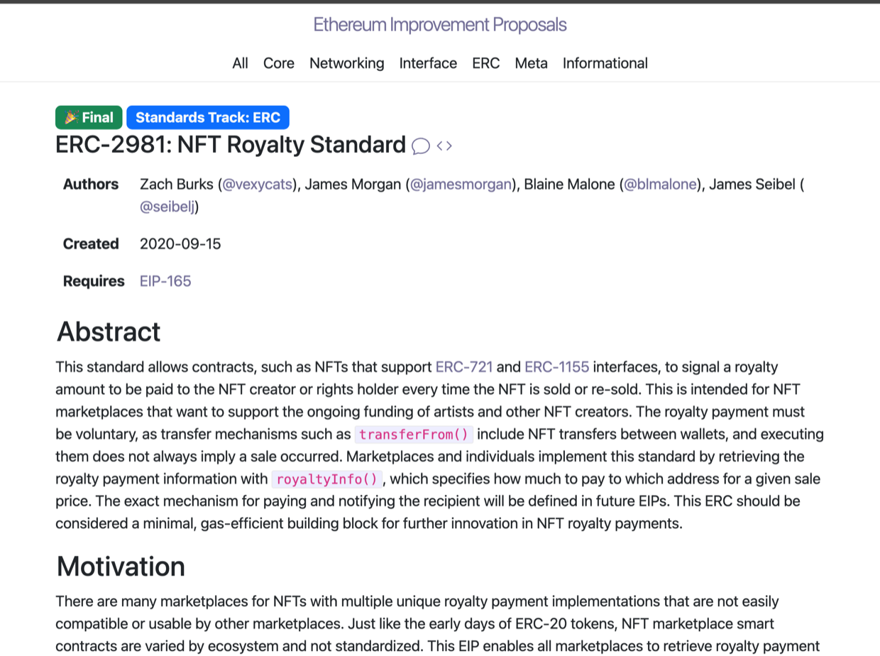The ERC-2981 NFT Royalty Standard page on eips.ethereum.org, marked Final, whose abstract states that the royalty payment must be voluntary.