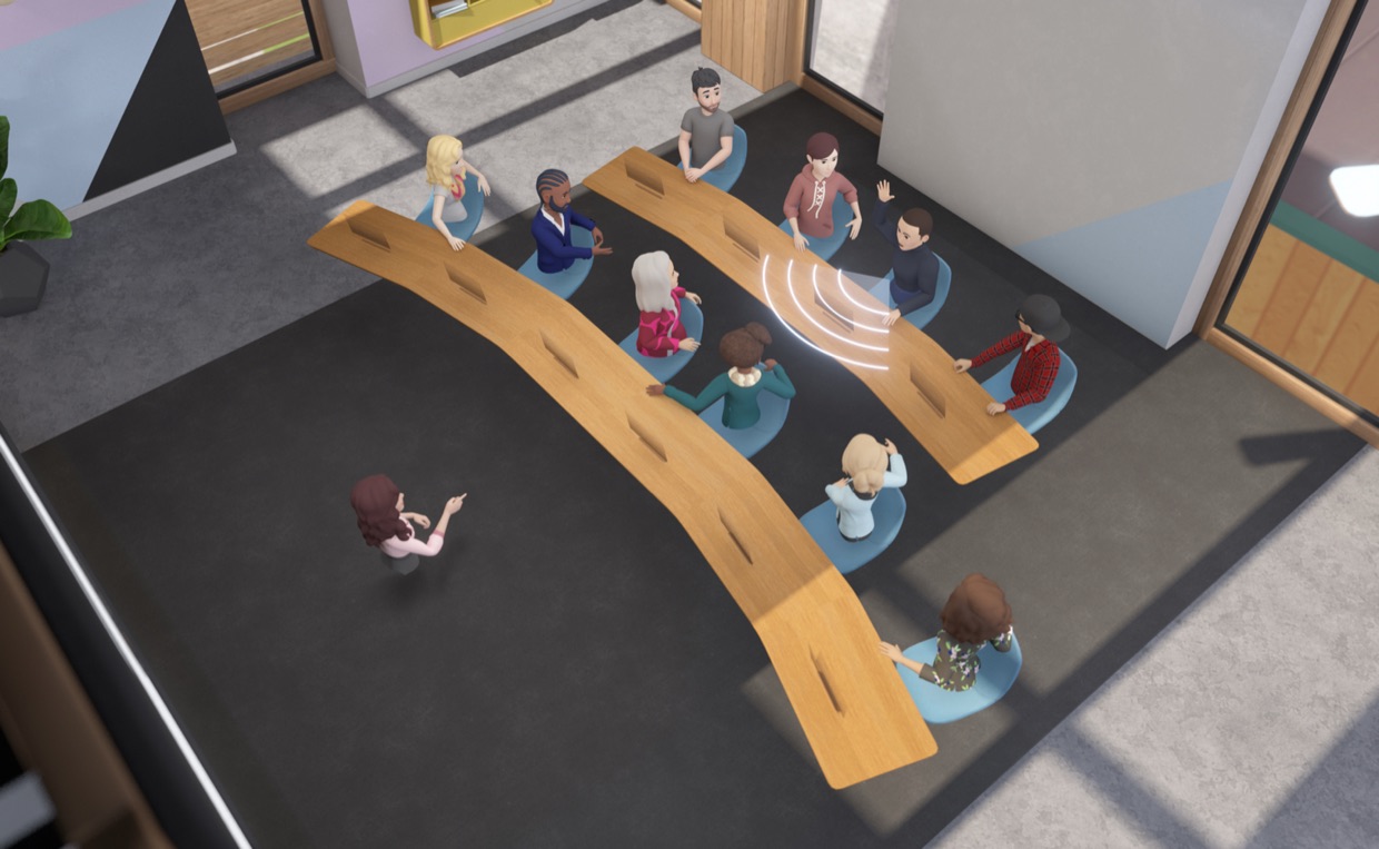 Meta's launch image for Horizon Workrooms: legless cartoon avatars seated around a long curved table in a virtual meeting room.